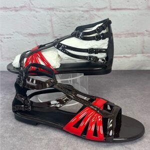 Bottega Veneta Black/Red Patent Leather Flat Strappy Sandals Size 39